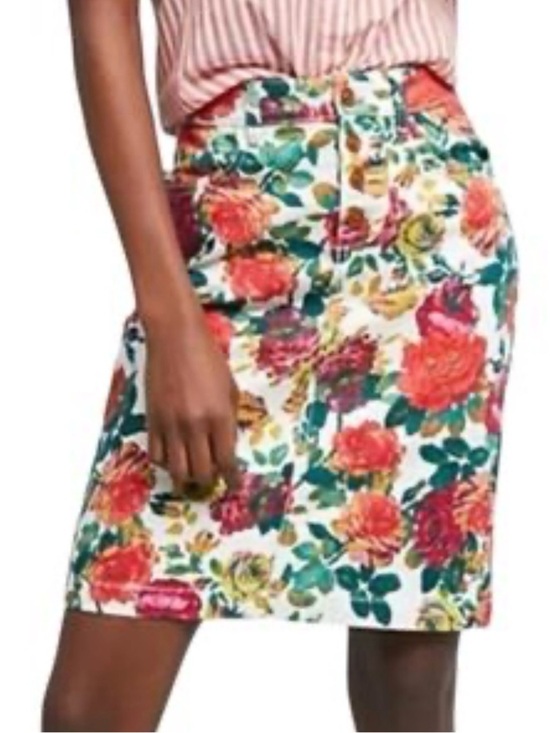 Maeve Dresses & Skirts - Anthropology Maeve Floral Denim Pencil Skirt in White with Red & Green Bloom